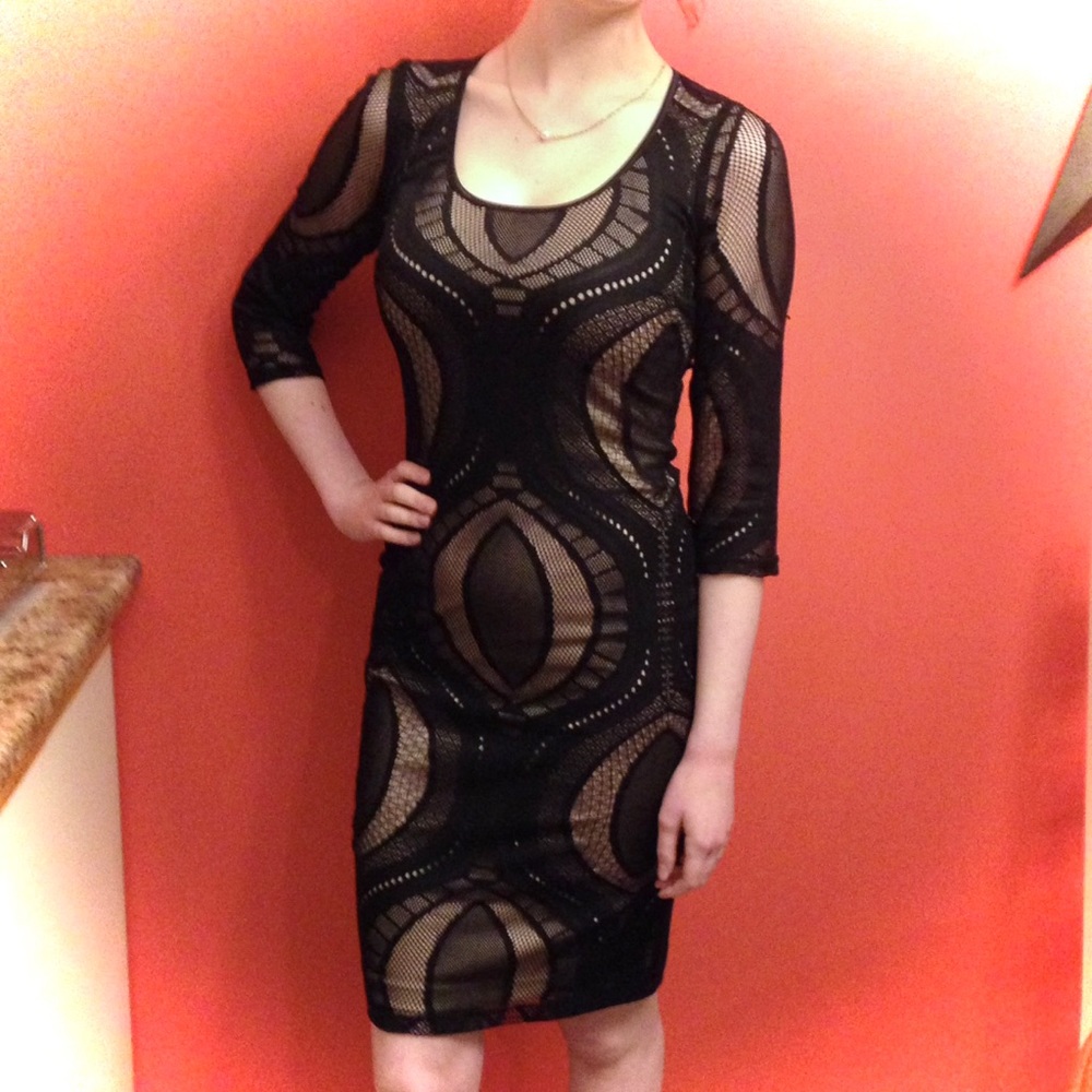 Worn Once Beautiful Black and Nude Designer Lace Midi Dress